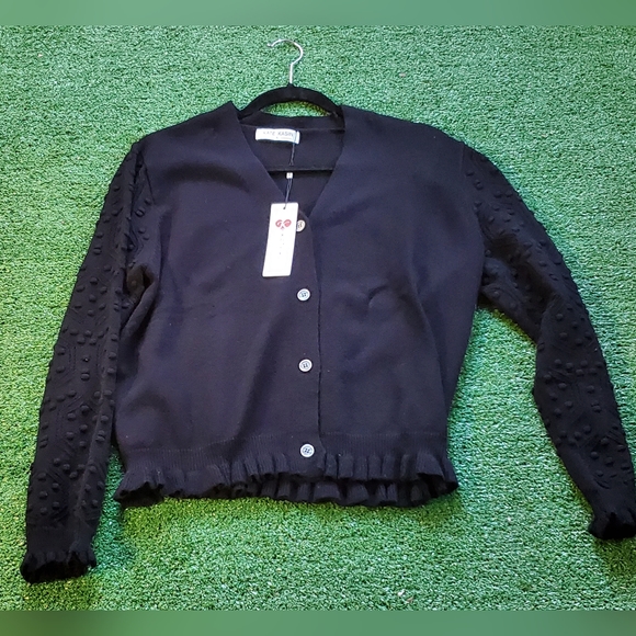 Black Sweater Short Cardigan Puff Pom Sleeves - Picture 5 of 13